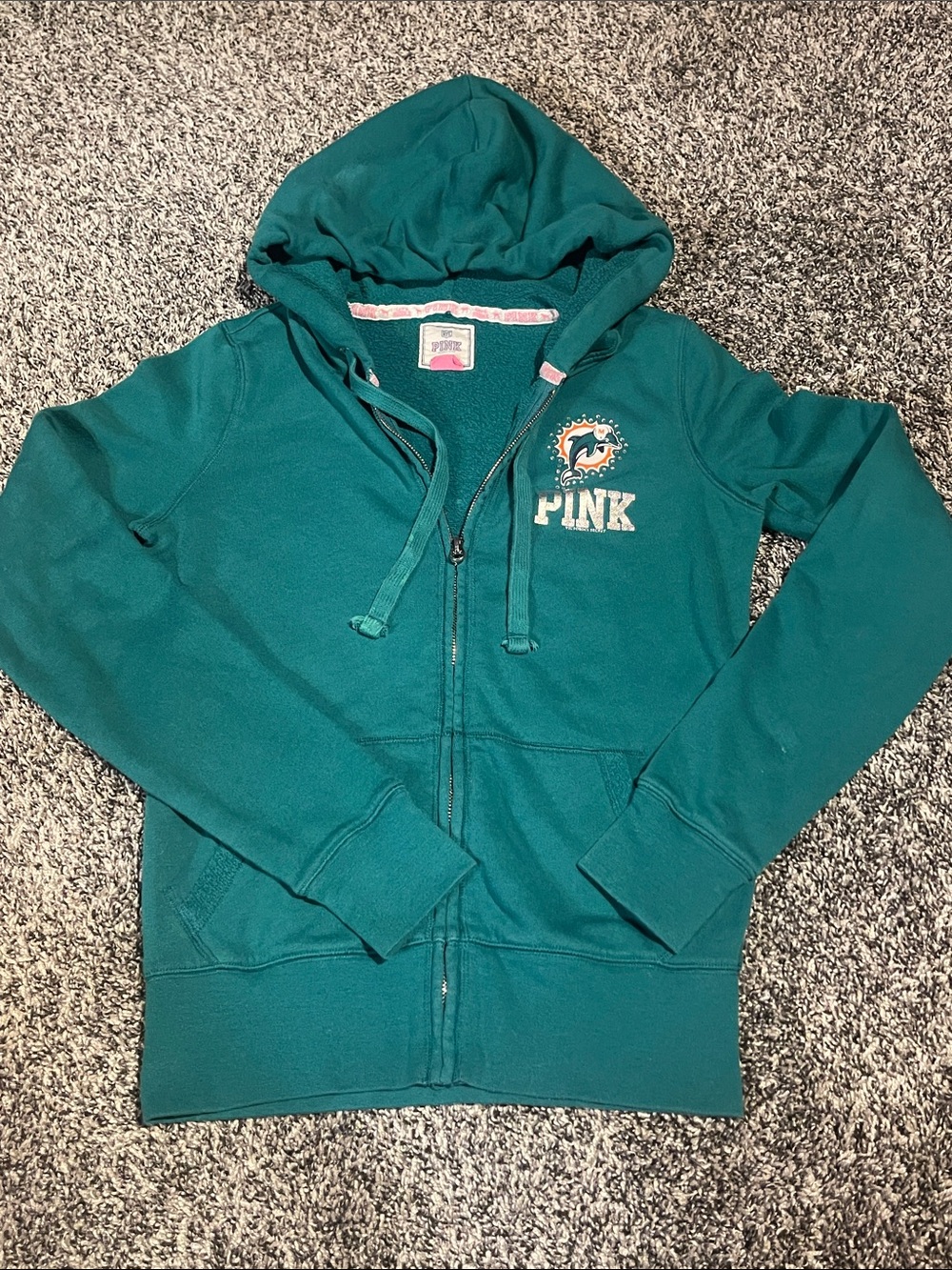 PINK Victoria's Secret Teal Full‑Zip Hoodie with Miami Dolphins Logo (XS)